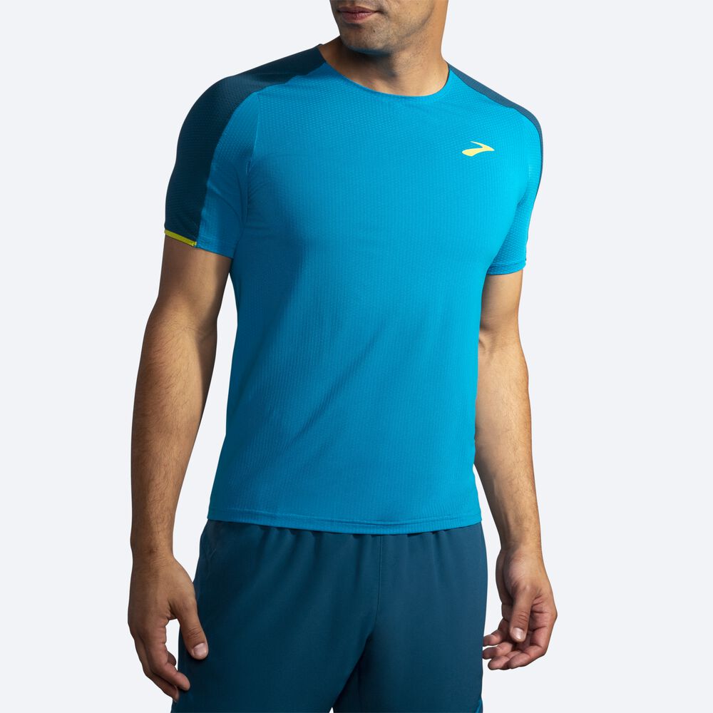 Camiseta Brooks Atmosphere Short Sleeve Hombre Azules/Verde Oscuro | Ecuador-91086