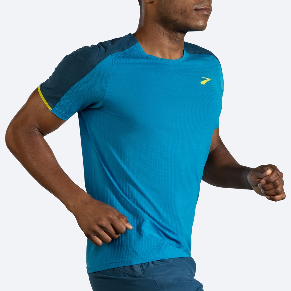 Camiseta Brooks Atmosphere Short Sleeve Hombre Azules/Verde Oscuro | Ecuador-91086