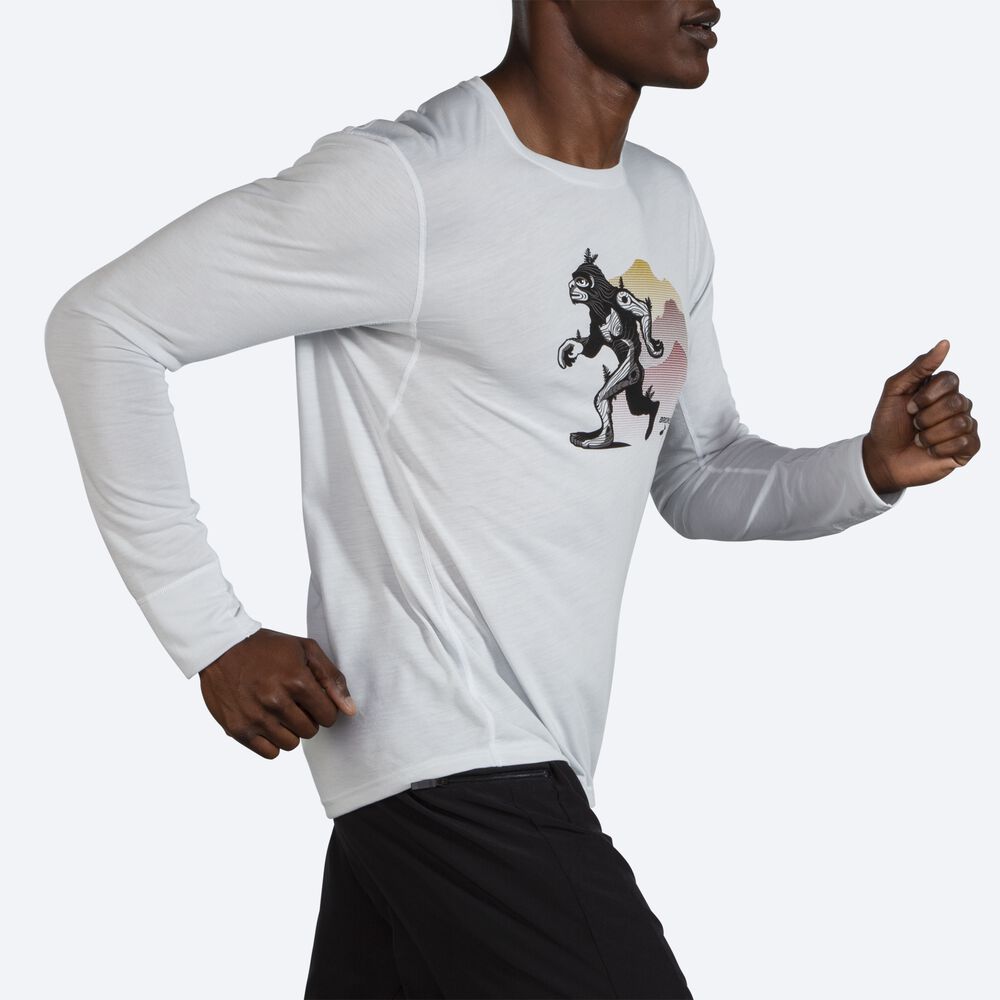 Camiseta Brooks Distance Estampadas Long Sleeve Hombre Blancas | Ecuador-09431