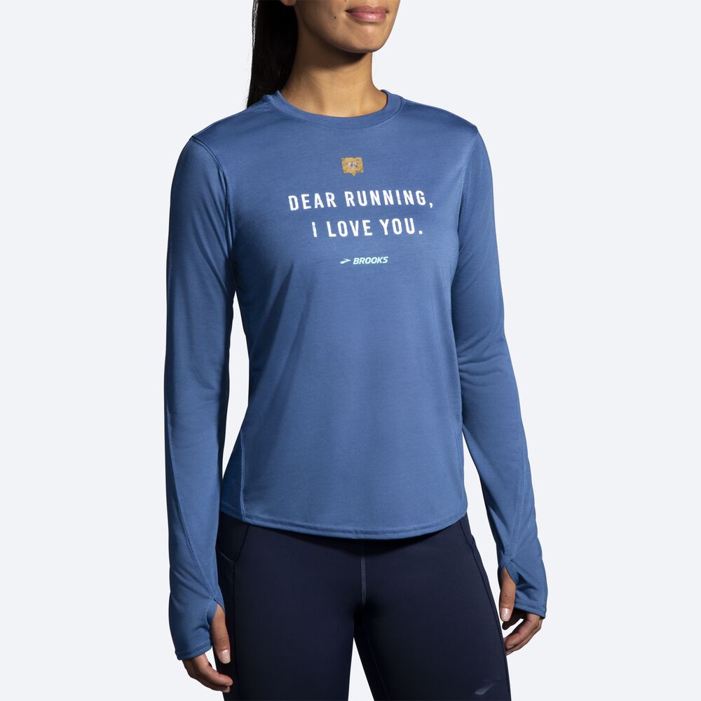 Camiseta Brooks Distance Estampadas Long Sleeve Mujer Azules Gris | Ecuador-35891