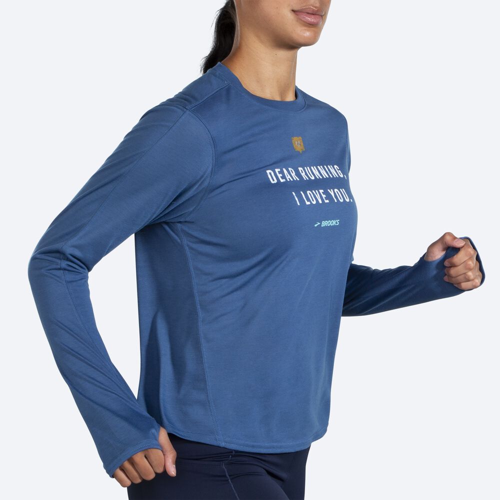 Camiseta Brooks Distance Estampadas Long Sleeve Mujer Azules Gris | Ecuador-35891