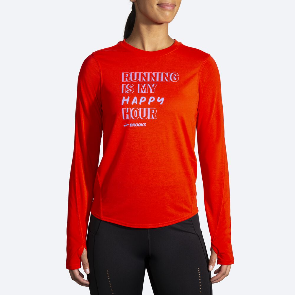 Camiseta Brooks Distance Estampadas Long Sleeve Mujer Rojas | Ecuador-63982