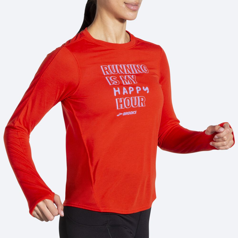 Camiseta Brooks Distance Estampadas Long Sleeve Mujer Rojas | Ecuador-63982