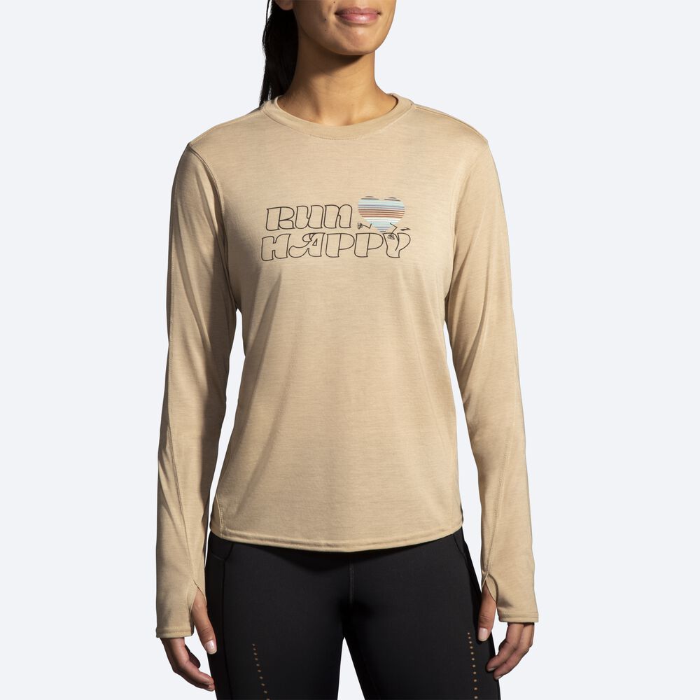 Camiseta Brooks Distance Estampadas Long Sleeve Mujer Beige | Ecuador-69748