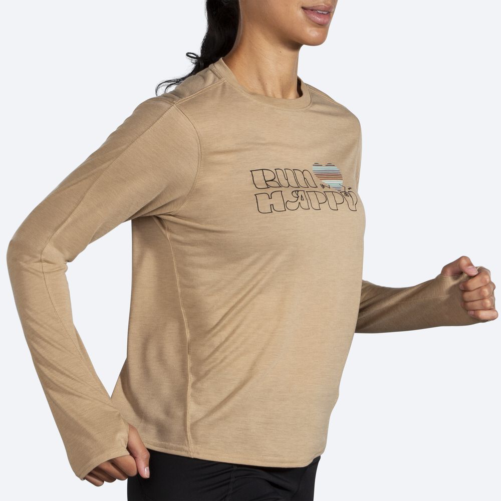 Camiseta Brooks Distance Estampadas Long Sleeve Mujer Beige | Ecuador-69748