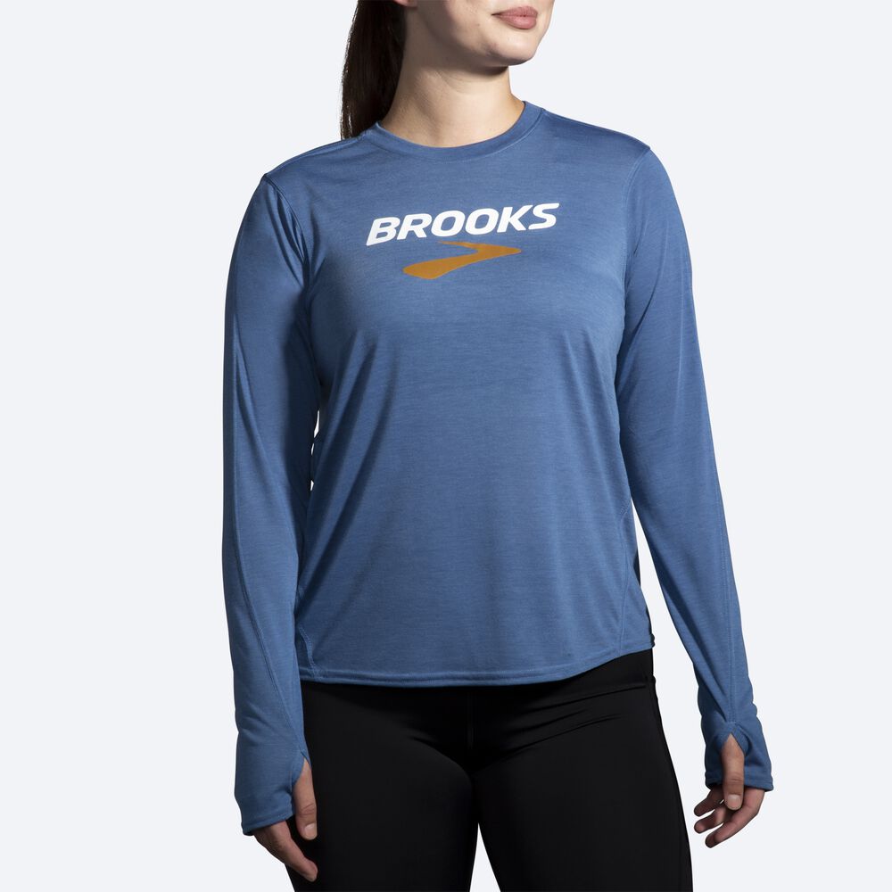 Camiseta Brooks Distance Estampadas Long Sleeve Mujer Azules Gris | Ecuador-97210