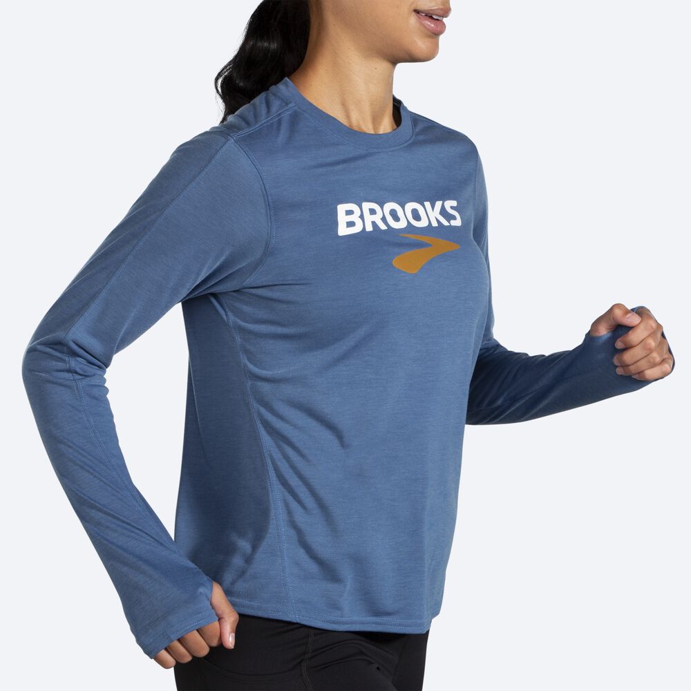 Camiseta Brooks Distance Estampadas Long Sleeve Mujer Azules Gris | Ecuador-97210