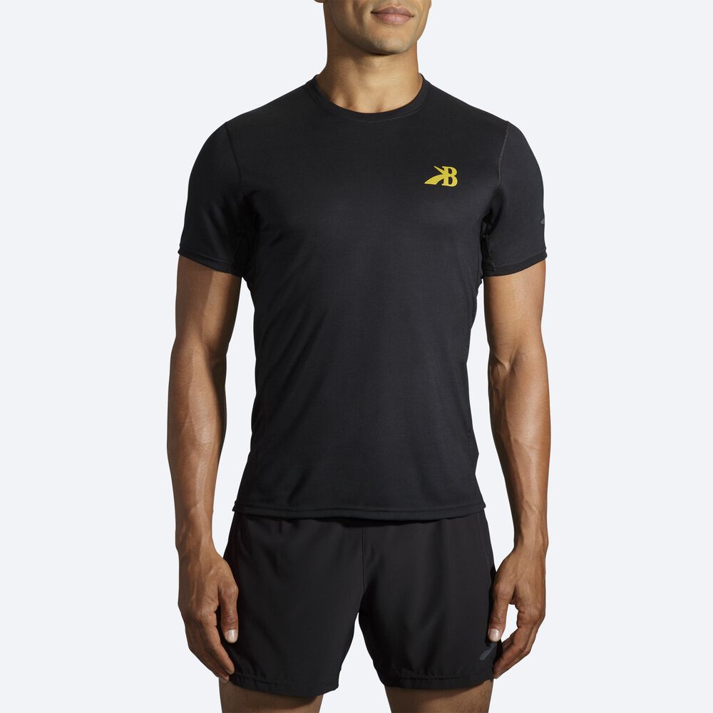 Camiseta Brooks Distance Estampadas Short Sleeve Hombre Negras/Doradas | Ecuador-24386