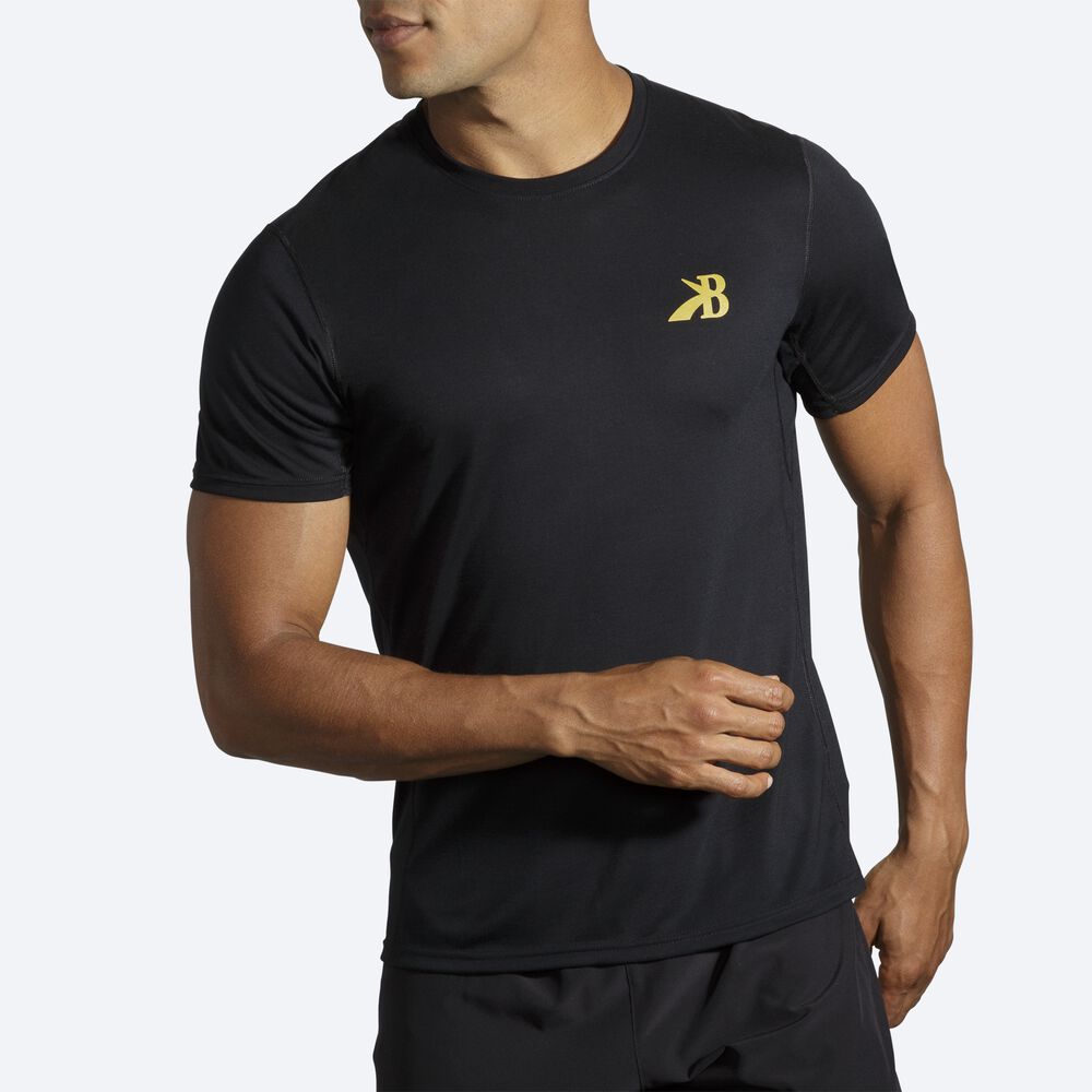 Camiseta Brooks Distance Estampadas Short Sleeve Hombre Negras/Doradas | Ecuador-24386