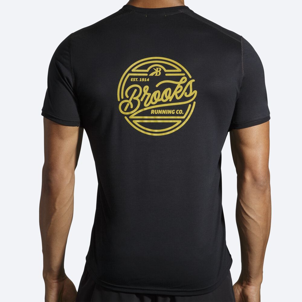 Camiseta Brooks Distance Estampadas Short Sleeve Hombre Negras/Doradas | Ecuador-24386