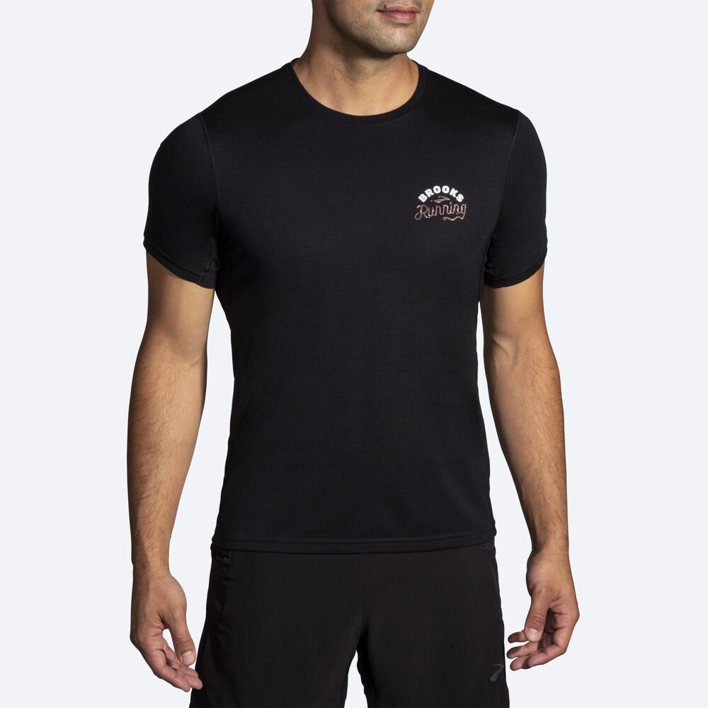 Camiseta Brooks Distance Estampadas Short Sleeve Hombre Negras | Ecuador-32491