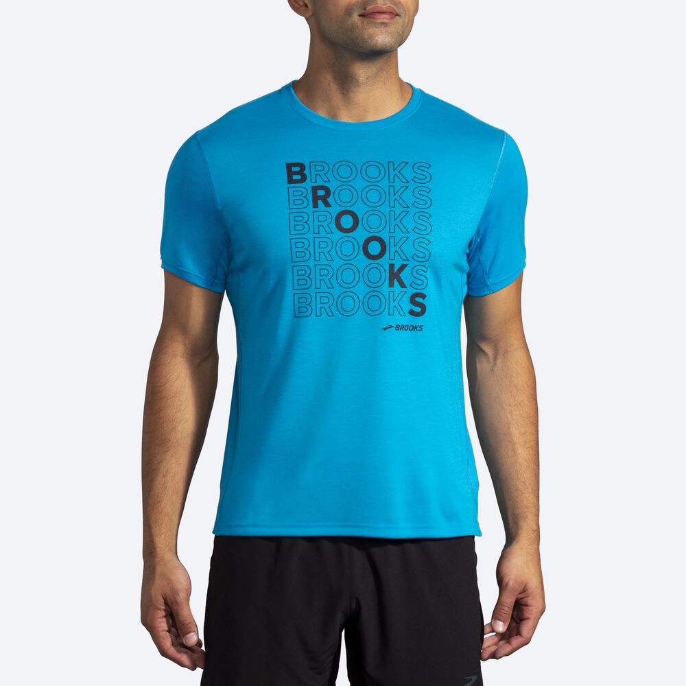 Camiseta Brooks Distance Estampadas Short Sleeve Hombre Azules | Ecuador-34159