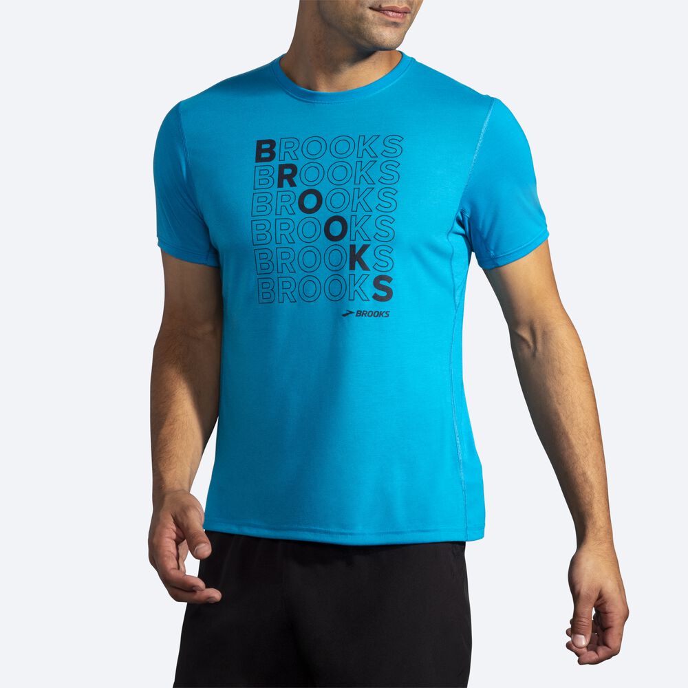 Camiseta Brooks Distance Estampadas Short Sleeve Hombre Azules | Ecuador-34159