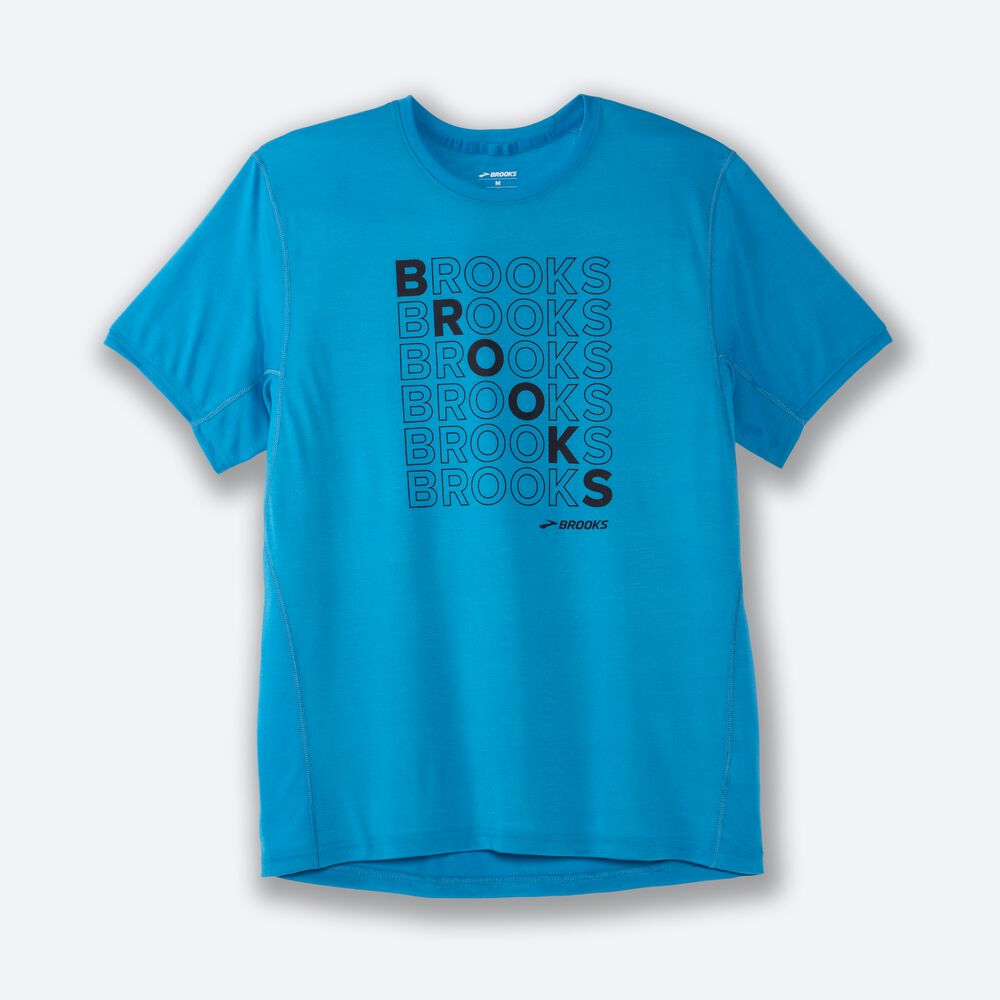 Camiseta Brooks Distance Estampadas Short Sleeve Hombre Azules | Ecuador-34159