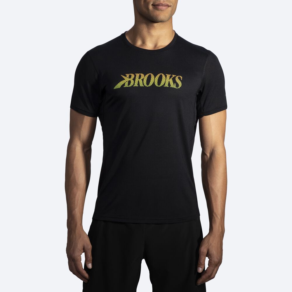 Camiseta Brooks Distance Estampadas Short Sleeve Hombre Negras | Ecuador-36420