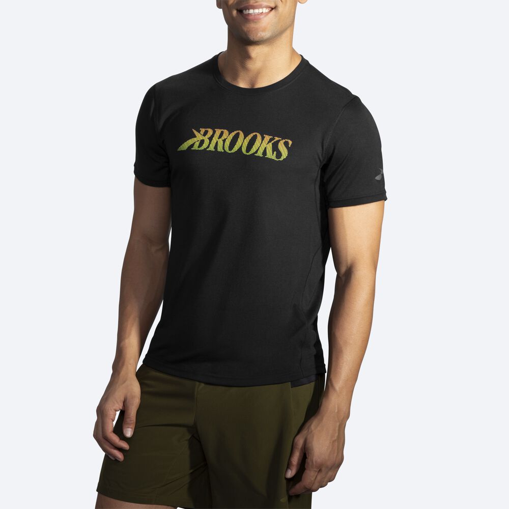 Camiseta Brooks Distance Estampadas Short Sleeve Hombre Negras | Ecuador-36420