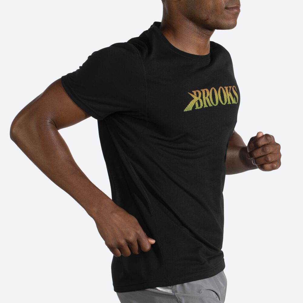 Camiseta Brooks Distance Estampadas Short Sleeve Hombre Negras | Ecuador-36420