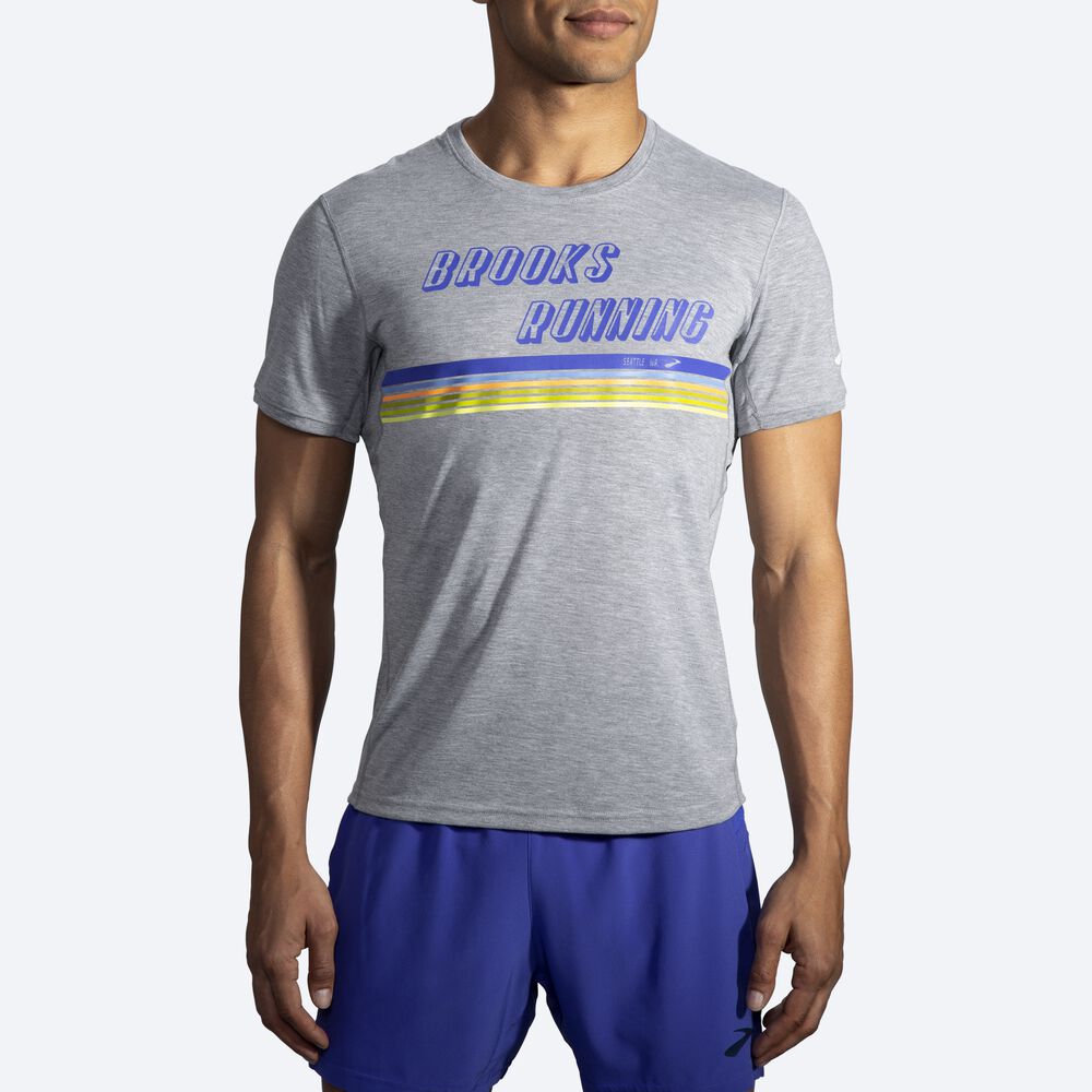 Camiseta Brooks Distance Estampadas Short Sleeve Hombre Gris/Rayadas | Ecuador-48203