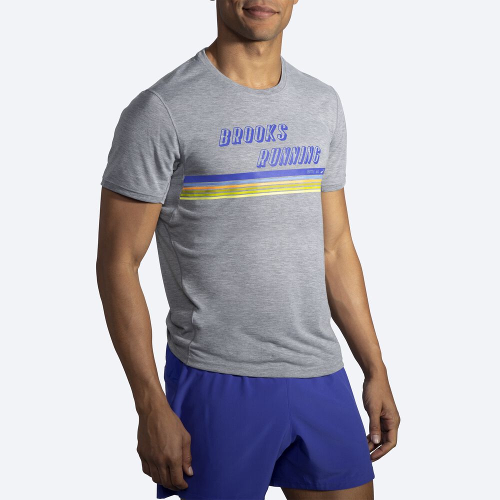 Camiseta Brooks Distance Estampadas Short Sleeve Hombre Gris/Rayadas | Ecuador-48203