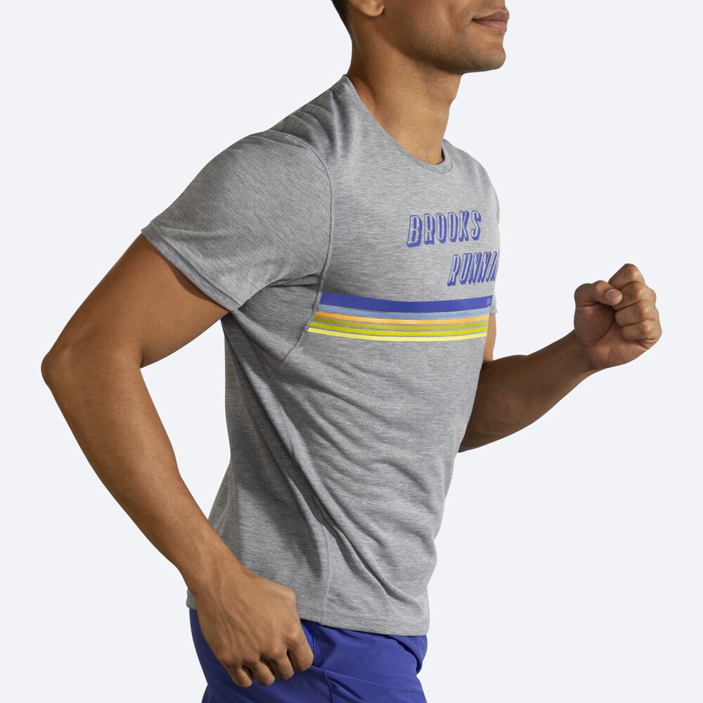 Camiseta Brooks Distance Estampadas Short Sleeve Hombre Gris/Rayadas | Ecuador-48203