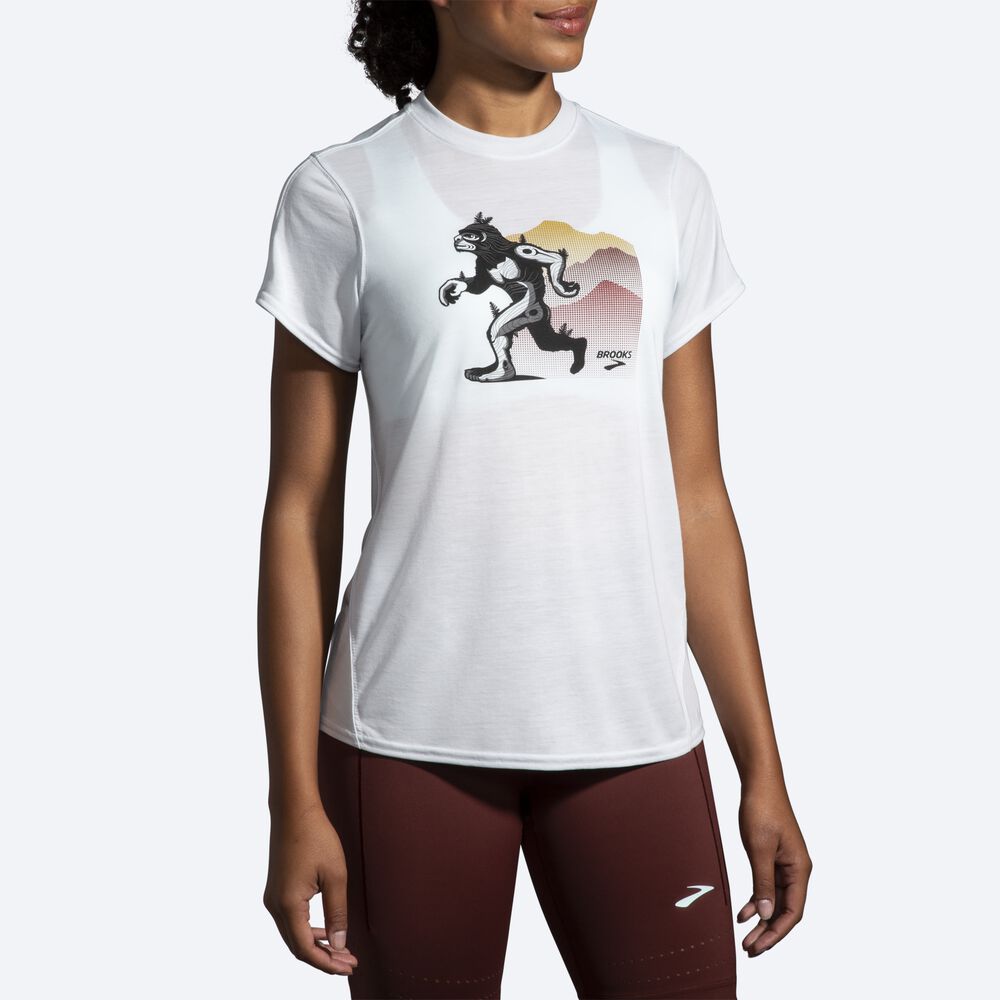 Camiseta Brooks Distance Estampadas Short Sleeve Mujer Blancas | Ecuador-49513