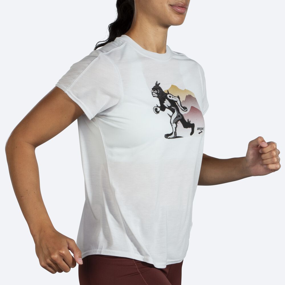 Camiseta Brooks Distance Estampadas Short Sleeve Mujer Blancas | Ecuador-49513