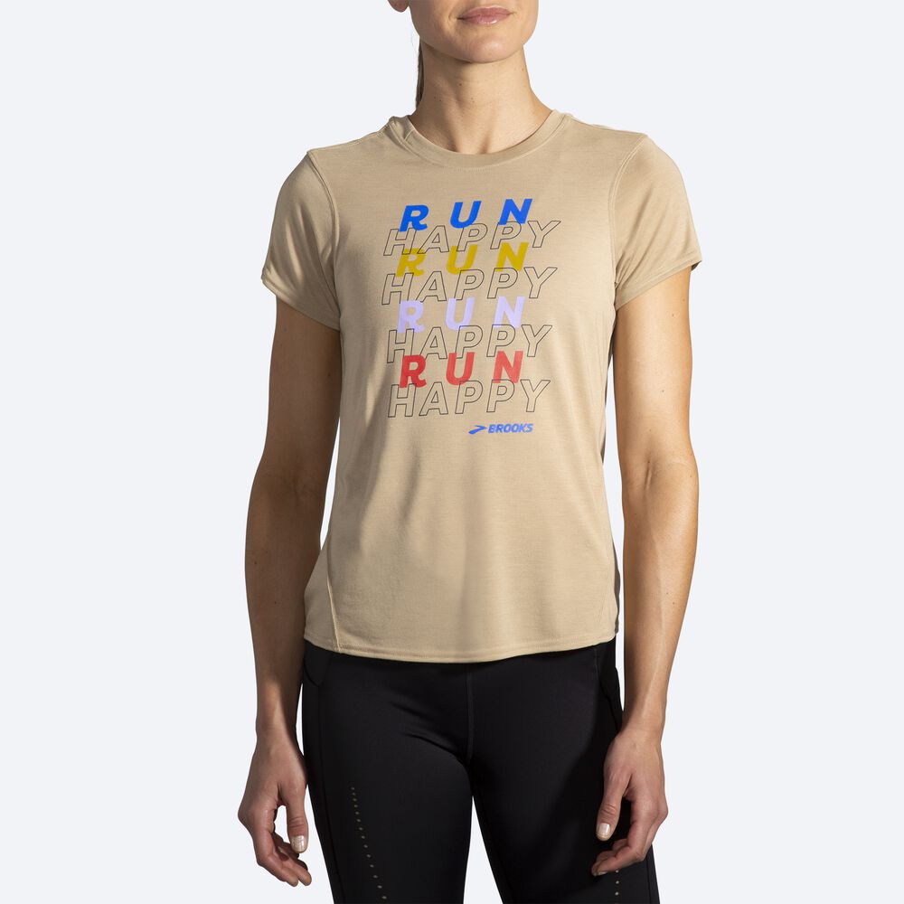 Camiseta Brooks Distance Estampadas Short Sleeve Mujer Beige | Ecuador-51396