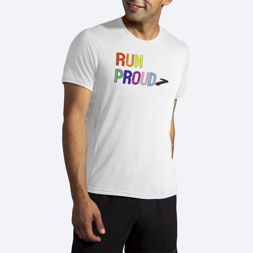 Camiseta Brooks Distance Estampadas Short Sleeve Hombre Blancas | Ecuador-54380