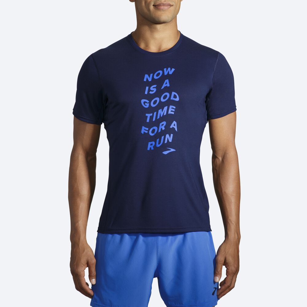 Camiseta Brooks Distance Estampadas Short Sleeve Hombre Azul Marino/Azules | Ecuador-60294