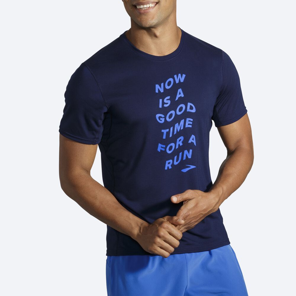 Camiseta Brooks Distance Estampadas Short Sleeve Hombre Azul Marino/Azules | Ecuador-60294