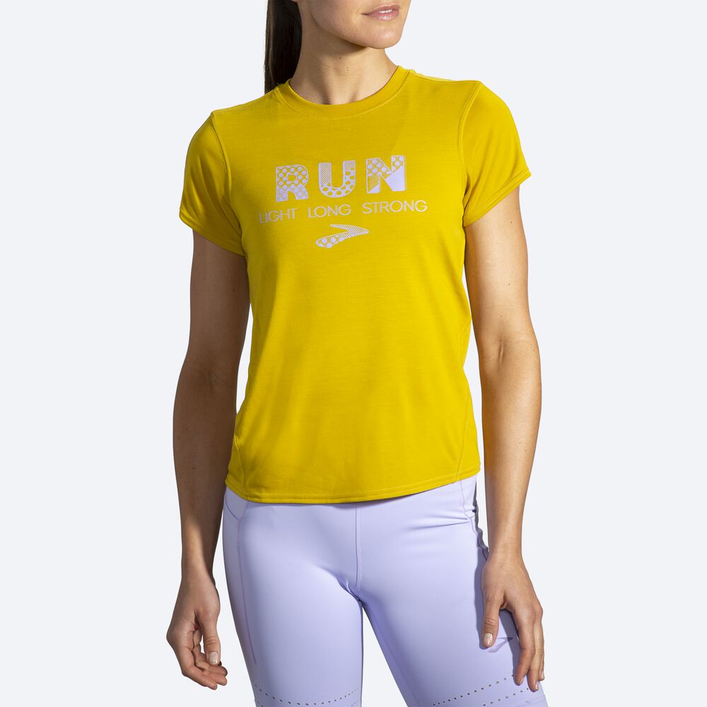 Camiseta Brooks Distance Estampadas Short Sleeve Mujer Doradas | Ecuador-67345