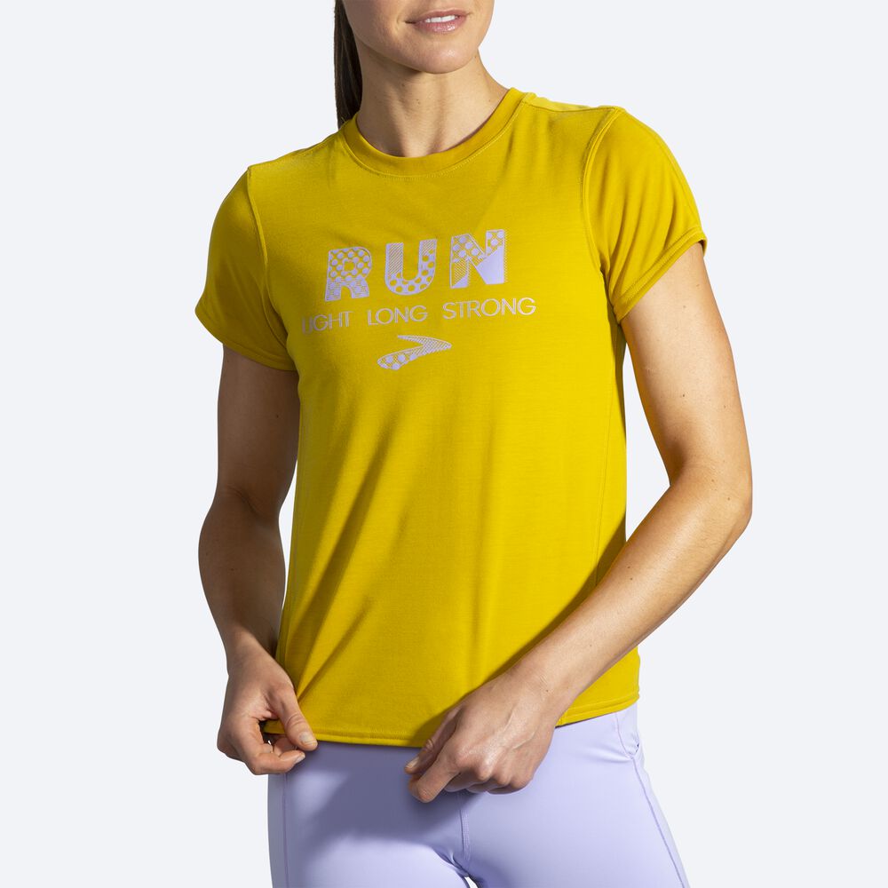 Camiseta Brooks Distance Estampadas Short Sleeve Mujer Doradas | Ecuador-67345