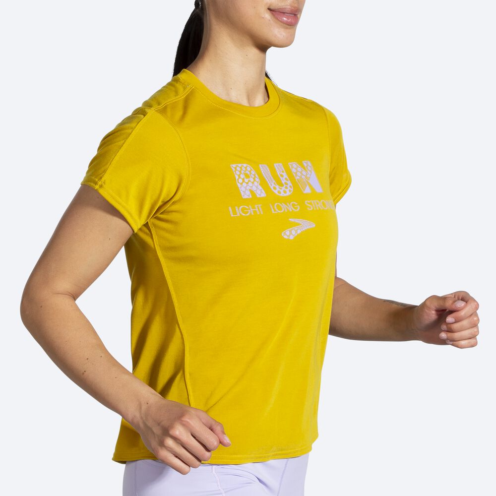 Camiseta Brooks Distance Estampadas Short Sleeve Mujer Doradas | Ecuador-67345