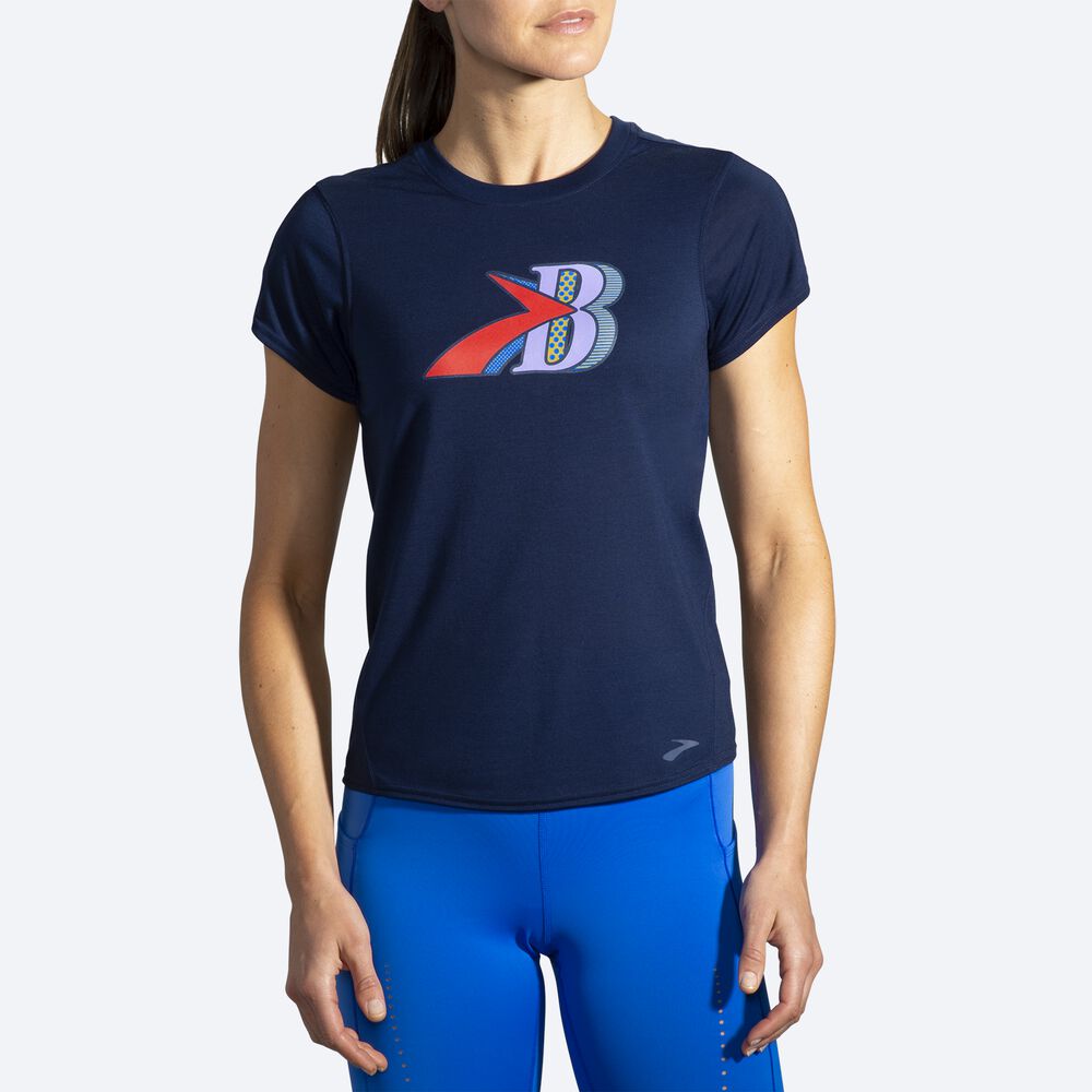 Camiseta Brooks Distance Estampadas Short Sleeve Mujer Azul Marino | Ecuador-67429