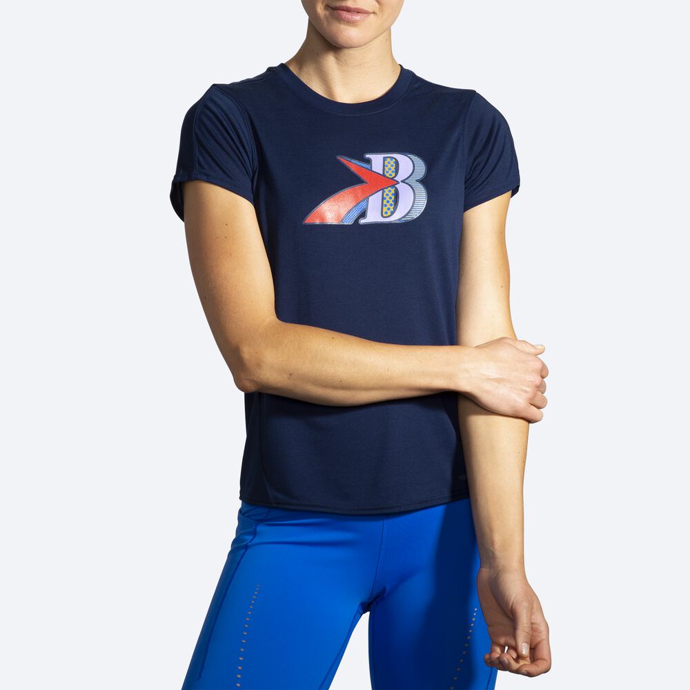 Camiseta Brooks Distance Estampadas Short Sleeve Mujer Azul Marino | Ecuador-67429