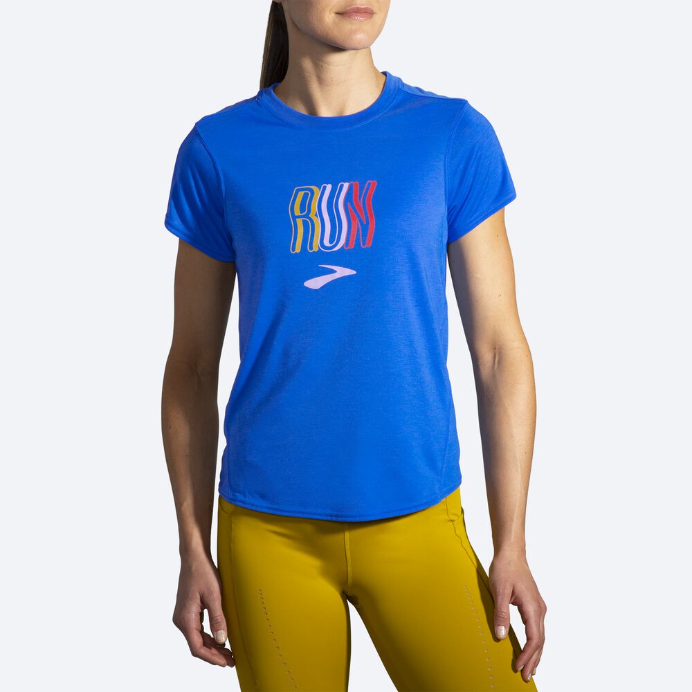 Camiseta Brooks Distance Estampadas Short Sleeve Mujer Azules | Ecuador-69702