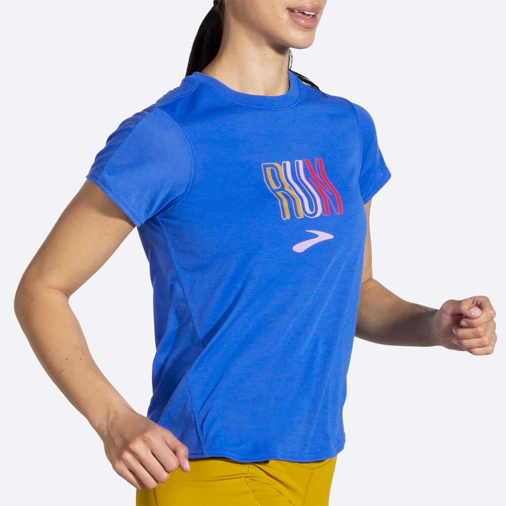 Camiseta Brooks Distance Estampadas Short Sleeve Mujer Azules | Ecuador-69702