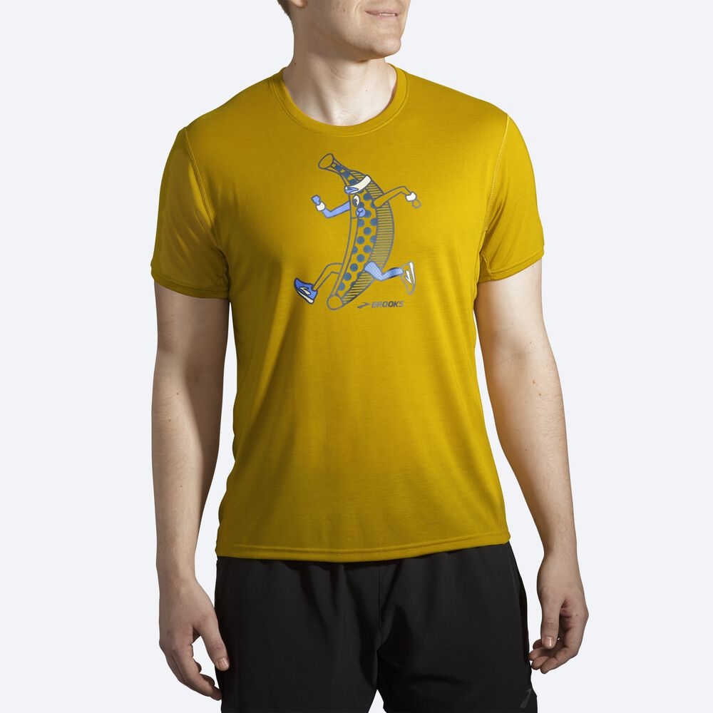 Camiseta Brooks Distance Estampadas Short Sleeve Hombre Doradas | Ecuador-70589