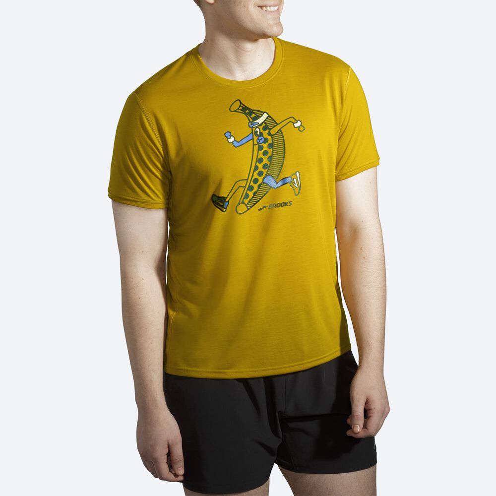 Camiseta Brooks Distance Estampadas Short Sleeve Hombre Doradas | Ecuador-70589