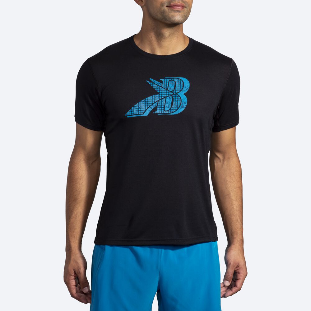 Camiseta Brooks Distance Estampadas Short Sleeve Hombre Negras/Azules | Ecuador-95821