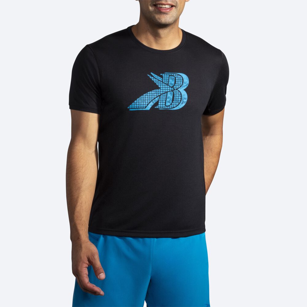 Camiseta Brooks Distance Estampadas Short Sleeve Hombre Negras/Azules | Ecuador-95821