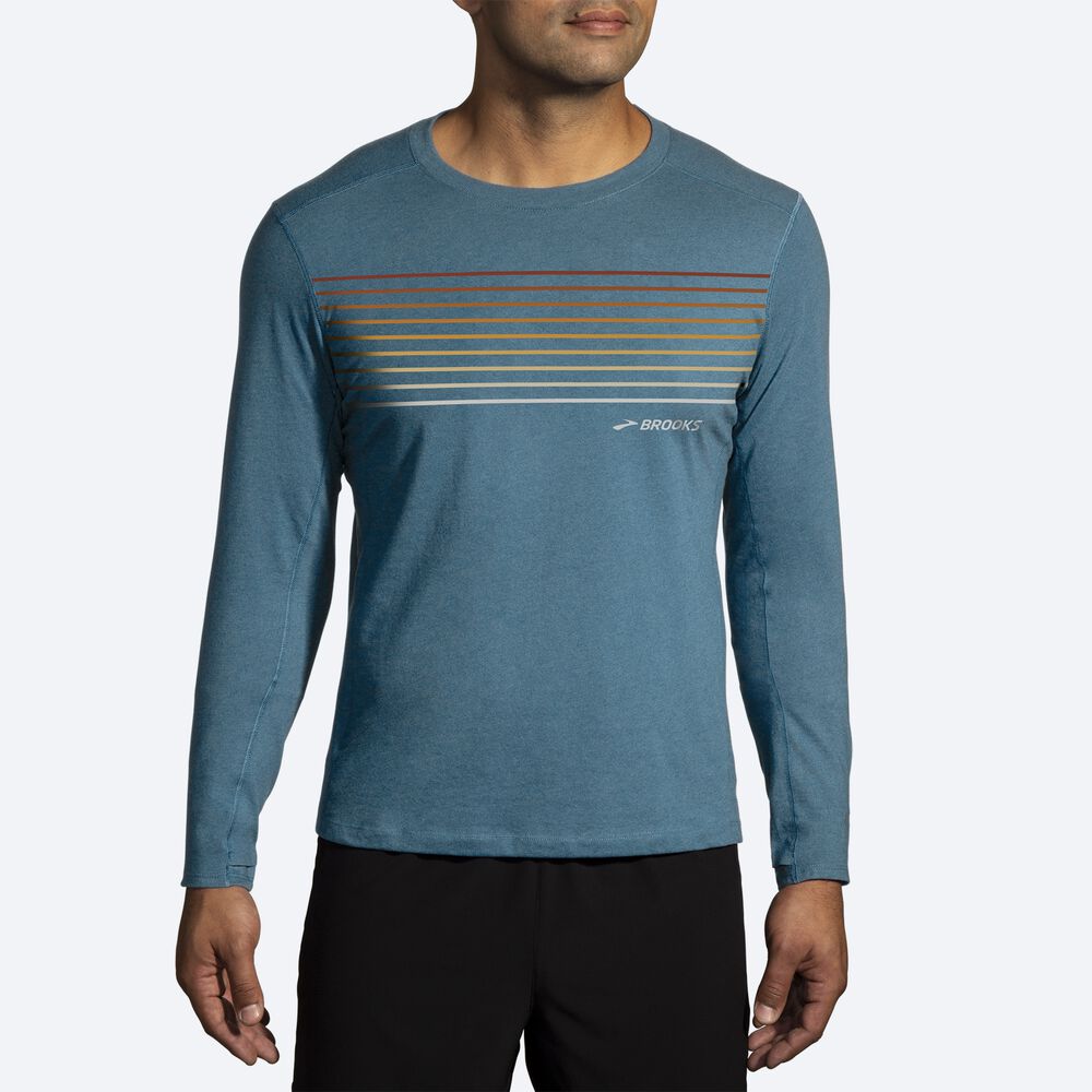 Camiseta Brooks Distance Long Sleeve 2.0 Hombre Azules/Rayadas | Ecuador-19024