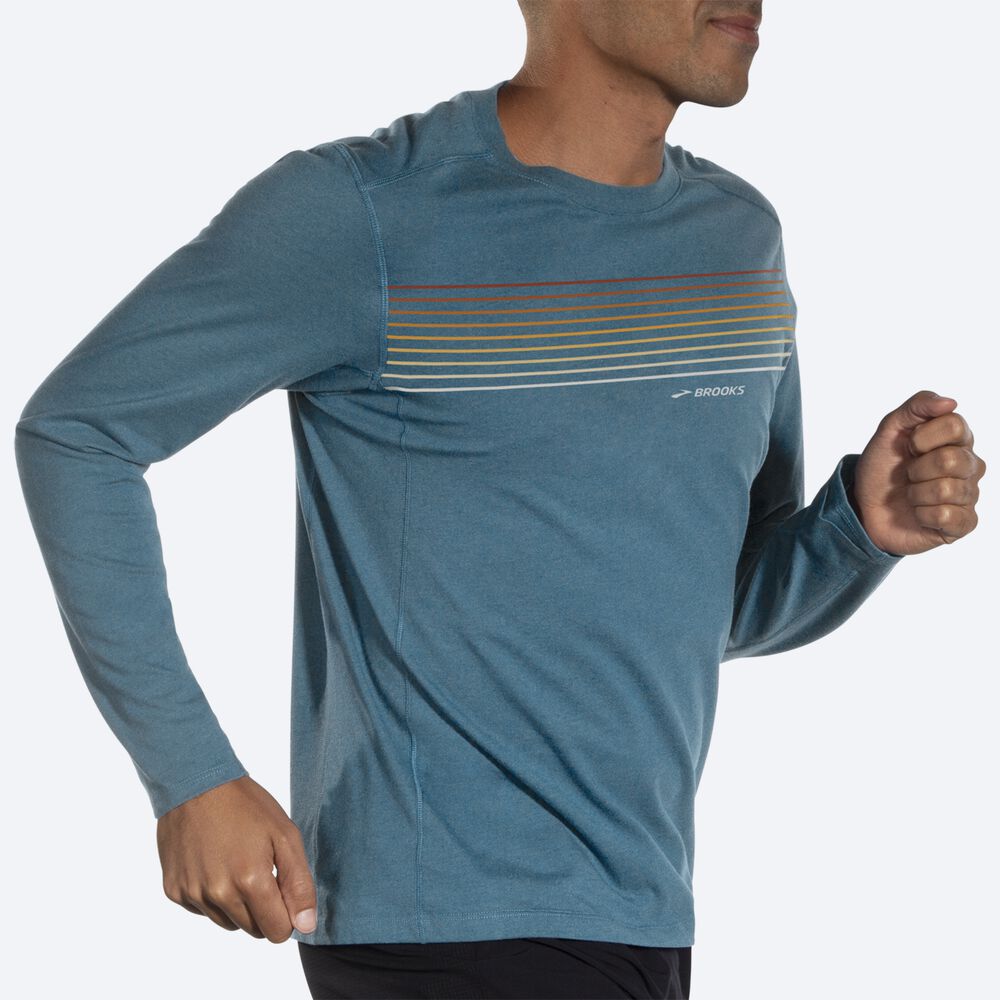 Camiseta Brooks Distance Long Sleeve 2.0 Hombre Azules/Rayadas | Ecuador-19024