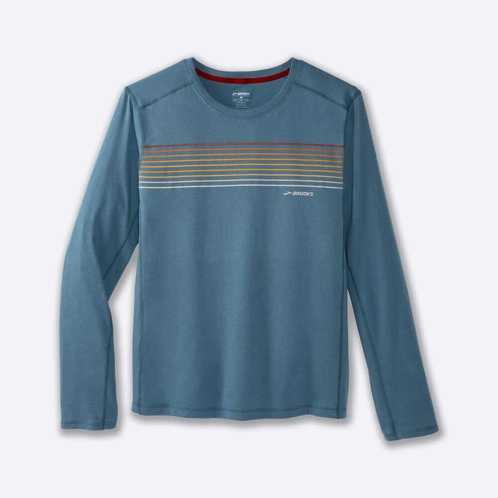 Camiseta Brooks Distance Long Sleeve 2.0 Hombre Azules/Rayadas | Ecuador-19024