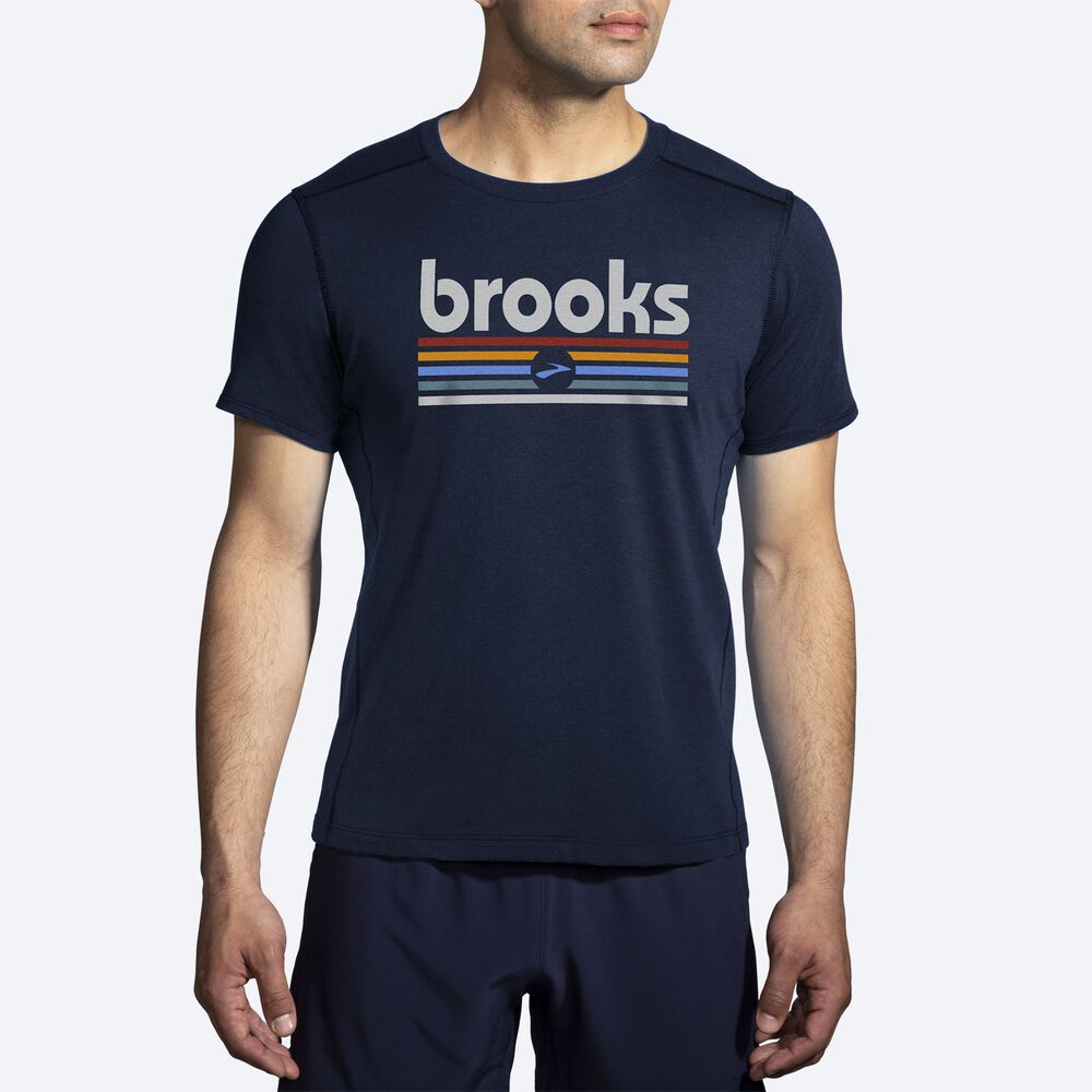 Camiseta Brooks Distance Short Sleeve 2.0 Hombre Azul Marino/Rayadas | Ecuador-37465