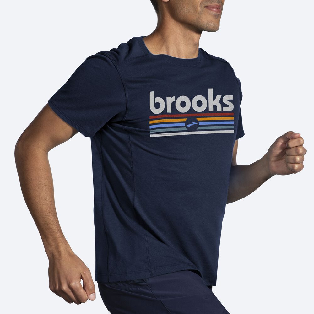 Camiseta Brooks Distance Short Sleeve 2.0 Hombre Azul Marino/Rayadas | Ecuador-37465