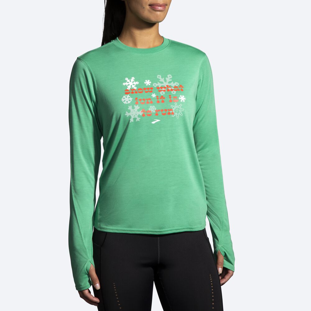 Camiseta Brooks Run Merry Distance Estampadas Long Sleeve Mujer Verde | Ecuador-19872